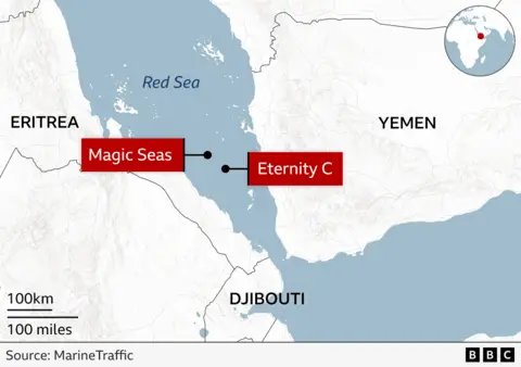 Map of the Red Sea displaying the positions of two ships, Magic Seas and Eternity C. The map covers coastal regions of Eritrea, Yemen, and Djibouti. An inset world map highlights the Red Sea's location with a red dot.