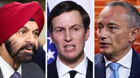 A composite image of Ajay Banga, Jared Kushner and Nickolay Mladenov