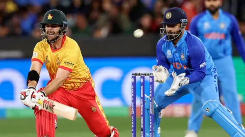 Zimbabwe's Ryan Burl plays a shot against India