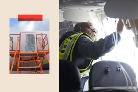 Reuters A part of a plane being inspected by an employee in a yellow high-vis jacket