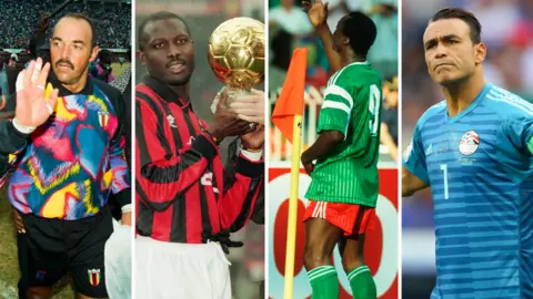 A composite image of four footballers in vertical columns. Left to right it includes: Bruce Grobbelaar raising his hand to take acclaim; George Weah in AC Milan shirt holding up the Ballon d'Or trophy, Roger Milla in Cameroon kit dancing with a corner flag; Essam El-Hadary of Egypt spreads his arms out wide and pulls a stern face