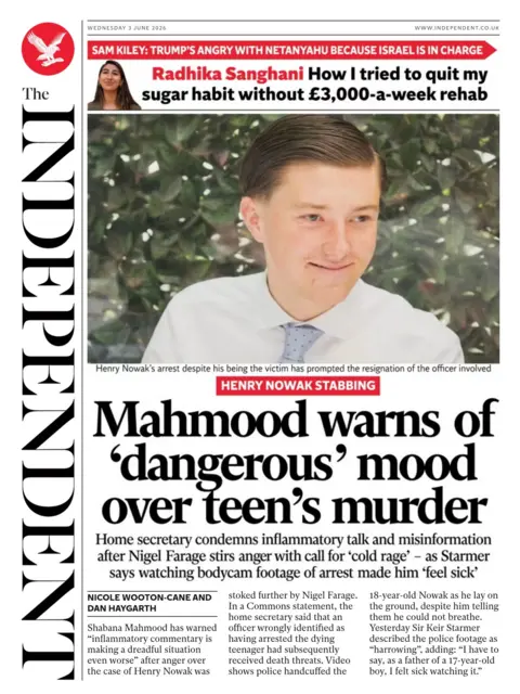 The headline on the front page of the Independent reads: “Mahmood warns of 'dangerous' mood over teen's murder”.