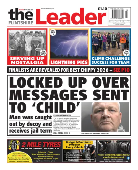 The Flintshire Leader The front page of The Flintshire Leader with the headline 'Locked up over messages sent to 'child''