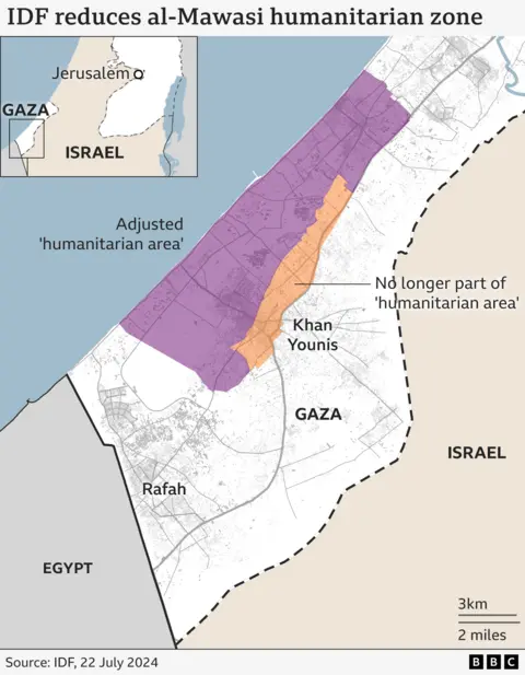Map of southern Gaza showing the Israeli military's adjusted al-Mawasi humanitarian area (22 July 2024)