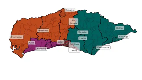 Ministry for Housing, Communities & Local Government A map of Sussex split into four sections - Chichester, Horsham and Crawley in orange, Worthing, Arun and Adur in purple, Brighton in red, and East Sussex in green