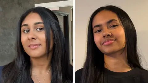 Composite images of two women with dark hair in black tops