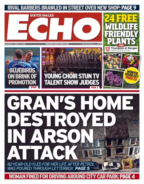 South Wales Echo South Wales Echo front page with photo of burnt out terraced house and headline Gran's home destroyed in arson attack. Other headlines include: 'Bluebirds on brink of promotion' and 'young choir stun TV talent show judges'. 