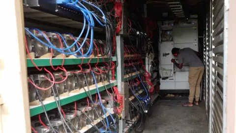 Bitcoin mine with computers and wires