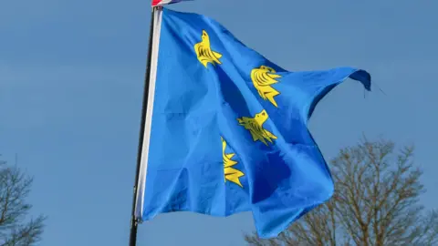 The Flag of Sussex flaps in the breeze on the flagpole. The flag shows six gold martlet birds on a blue background. 