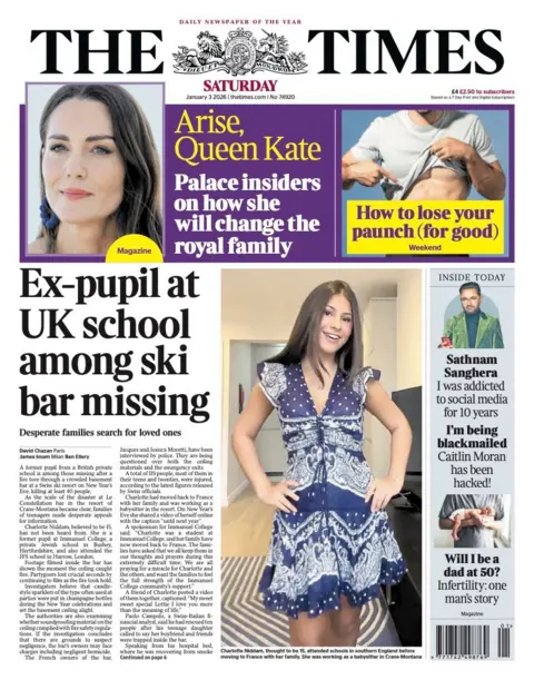 The headline on the front page of the Times reads: "Ex-pupil at UK school among ski bar missing".