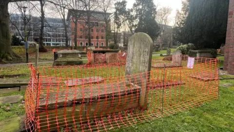 LDRS/Paul King Orange net-style fencing around several stone tombs in churchyard with large office-style building in background