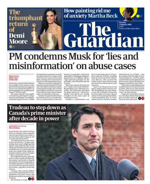 Judul utama di Guardian berbunyi: "PM mengutuk Musk karena 'kebohongan dan misinformasi' mengenai kasus pelecehan". 