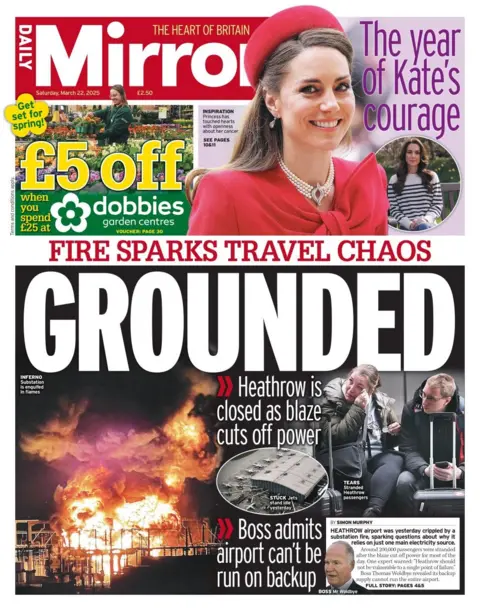 The front page shows Kate wearing a pink hat and dress with the title: Kate’s courage. Here is a read title: Sparks are in the travel chaos. Grounded. The hot scene at Heathrow Airport is lower than these words.