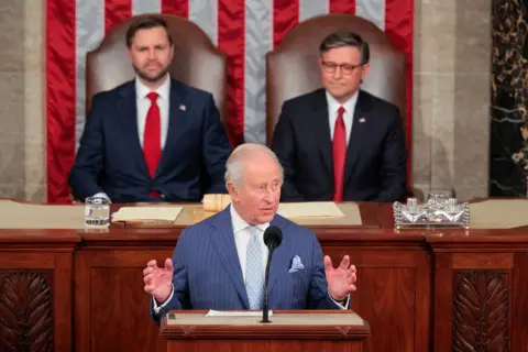 Getty Images King Charles III addresses a joint meeting of Congress as U.S. Vice President JD Vance and Speaker of the House Mike Johnson (R-LA) look on at the U.S. Capitol on April 28, 2026 in Washington, DC. 
