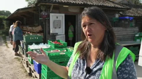 Sandra Crawford, the box manager for Food in Community, stands in front of rows of crates filled with fruit and vegetables. Behind her, volunteers are busy packing fresh produce into delivery boxes. She has shoulder length brown hair and is wearing a short sleeved blouse beneath a lime green high visibility vest.

