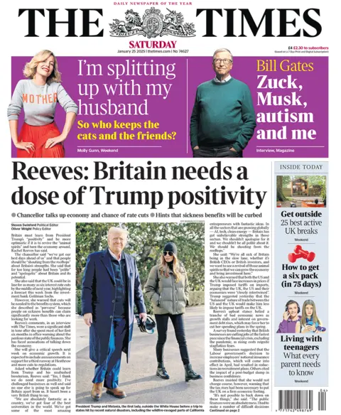 The headline in the Times reads: "Reeves: Britain needs a dose of Trump's positivity", 