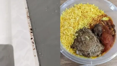 This is a compilation picture. On the left is Mould in the bathroom and on the right is dry looking meat, rice and tomatos