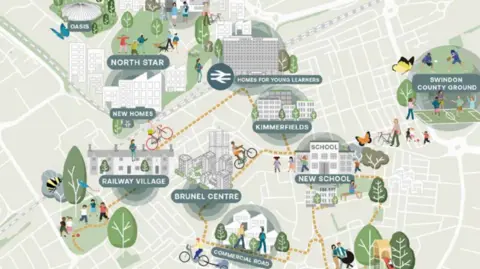 Swindon Borough Council Illustrated map of the plans to make Swindon's town centre a place to live including a new school, new homes and homes for young learners