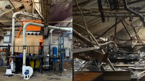 Rishi Garg / BBC On the left side of the screen there is a machine which is black, white, orange and blue. One the left side there is the same machine after a fire has ripped through it. All the colours are gone and now it is just black ash and debris. 
