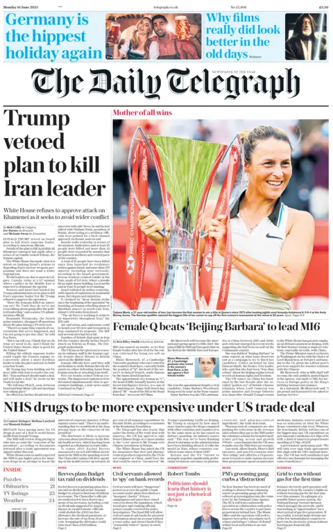 The Daily Telegraph's front page. The headline reads "Trump vetoed plan to kill Iran leader". The paper also features a large image of tennis player Tatjana Maria holding a trophy.