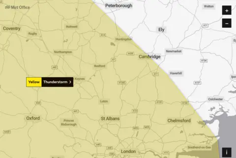 Met Office Map showing area of yellow weather warning across Northants, Cambridgeshire and Beds, Bucks and Herts