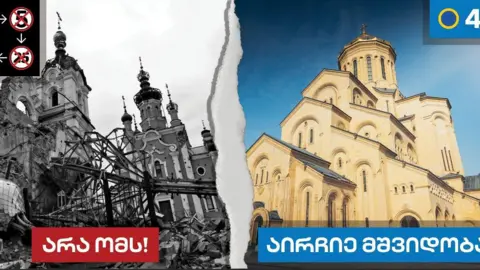 Papan reklame pemilu menunjukkan pembacaan gereja yang hancur di Ukraina "tidak untuk berperang" di samping gambar gereja utuh di Georgia dengan pesan yang dibacakan "memilih perdamaian"