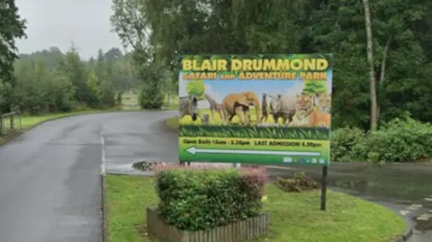 Google Sign for Blair Drummond Safari Park, featuring zoo animals including an elephant, Giraffe, zebra, tiger and rhino
