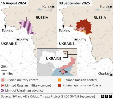 Side-by-side comparison map showing changes in territorial control just over the Russian border between Russia and Ukraine from 16 August 2024 to 8 September 2025.
Left map (2024): Limit of Ukrainian advances are marked with purple stripes
Right map (2025): A slightly larger area including small areas across the Ukrainian border is shaded with a bit more in yellow to show claimed Russian control.
Key towns labeled include Kursk, Tetkino, and Sumy. Source: ISW