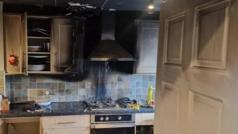 The fire-damaged kitchen