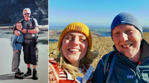 Amy Bassinder Side by side images of Bassinder and her dad on hikes. In one, she looks about 9 years old. He has his arm around her and they smile at the camera. The other is a more recent selfie, she looks to be in her 20s, where they are both smiling and have a view of hills behind them.