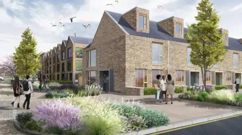 An artist's impression of the new houses. They are light brown brick and surrounded by trees and flower beds.