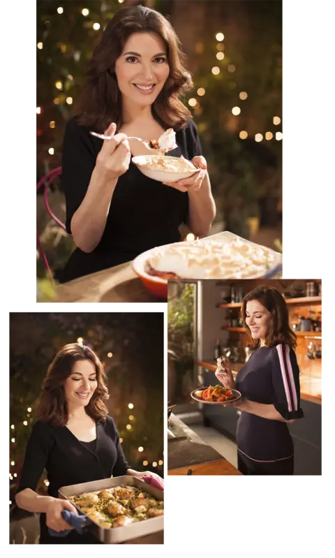 Nigella Lawson pictured using a fork to eat food, and placing a tray in an oven, on her TV show