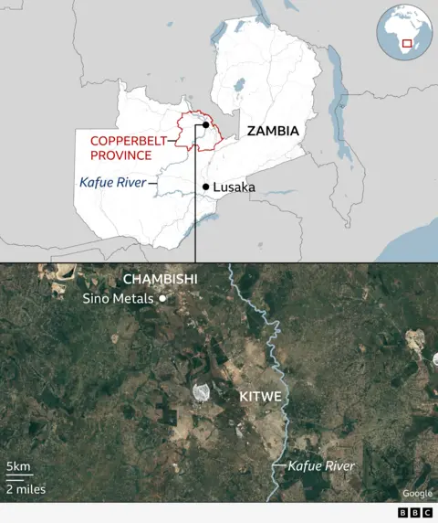 A two-part map which shows the geographical location of Zambia within the African continent. It also highlights where the Copperbelt Province is as well as the Kafue River and the Zambian capital, Lusaka. The second part of the map zeros in on the location of Sino Metals and the nearby towns of Chambishi and Kitwe. 