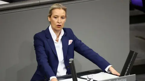 Alice Weidel stands at a podium in a blue suit. 