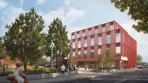 Cumberland Council Artist's impression of Workington Innovation Centre. It is a red, four storey building clad in metal panels and plenty of windows. A green space, with trees and people sitting on the grass, is shown outside the building.
