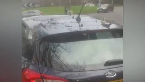 Louisa Judge A close up of a car where its roof has been damaged after a tree branch fell on it. There is a large dent in the roof and pieces of tree debris scattered on it.