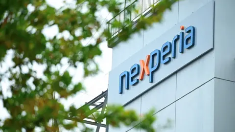 Reuters Exterior shot of Nexperia company logo on the side of a building