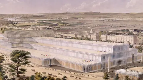 Guildhall Library & Art Gallery via Getty Images A colour drawing of the exterior of the Crystal Palace and the surrounding park