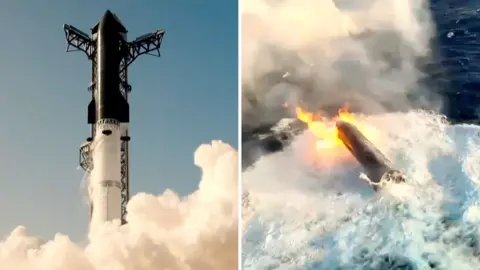 Split screen showing a rocket launch on the left and splashdown into the ocean on the right.