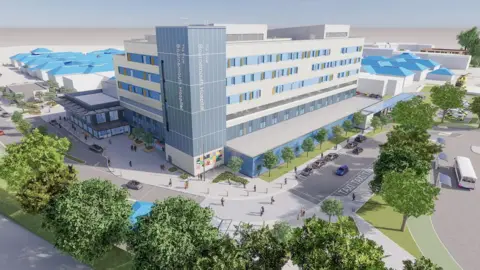 University Hospitals Dorset A computer-generated image showing what the new building might look like. It's a modern-looking rectangle-shaped building surrounded by trees