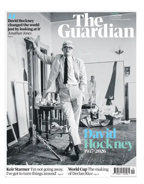 The headline of the Guardian reads: "David Hockney 1937-2026."