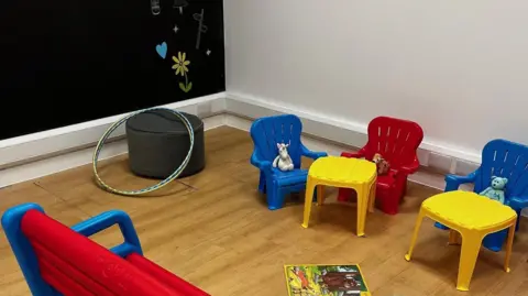 An area with a chalkboard on the wall on the left. There is a cushion in front of it with a colourful hula-hoop. To the right are two small blue chairs and one red around two small yellow tables. There are toys sat on each of the seat. There is a book at the centre of the wooden floor, and part of a long plastic red and blue bench to the left. 