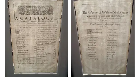 Two yellow pages side by side. One has the word "Catalogue" written on it and a list of the plays contained in the folio. The other lists the names of the principal actors in Shakespeare's theatre company, with William Shakespeare top of the list.