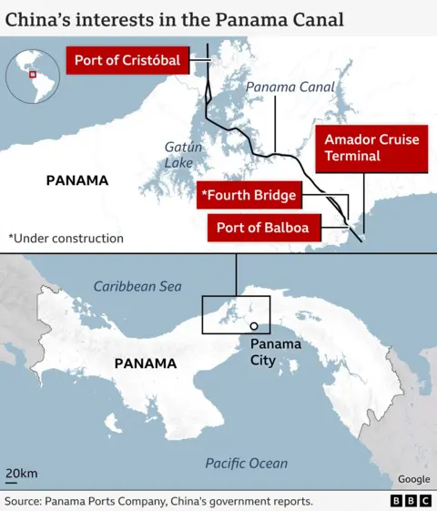 Map showing Panama Canal ports and terminals controlled by China.