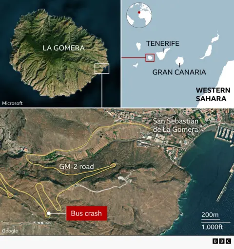 Composite map showing the Canary Island of La Gomera. A locator map highlights La Gomera among Tenerife and Gran Canaria off Western Sahara. A satellite view zooms in on the GM‑2 highway near San Sebastián de La Gomera, with a red label marking &nbsp;the scene of the bus crash on a tight bend