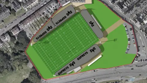 Ospreys A digital aerial view of the Osprey's plan of their St Helen's redevelopment. A large green rugby pitch can be seen surrounded by grey Osprey stands. 