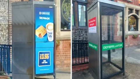 A side by side of two pictures of the telephone box. On the left, a blue poster is stuck to the box advertising Greggs. On the right, the phone box glass is clear. There is a red sign on it that says "This phone box belongs to Heart 2 Heart", and and a green sticker that says "DEFIBRILLATOR". 