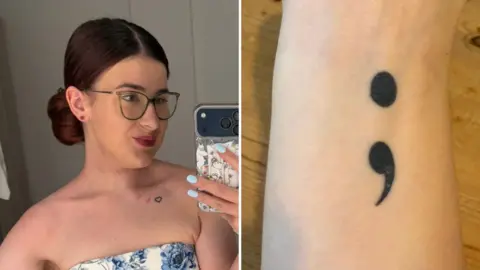 On the left, Harriet is standing indoors, taking a mirror selfie with a smartphone, wearing a strapless white dress with blue floral patterns. On the right is an arm with a semi colon tattoo.