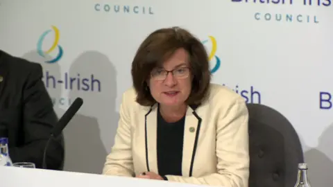 Eluned Morgan sat in a press conference with a microphone in front of her, with the British-Irish council logo on a display behind her.