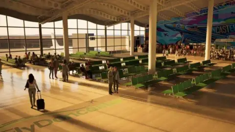 A computer-generated image of the airport interior, it shows people on rows of green seating, a view of plane and on a wall there is a mural of a Vulcan bomber plane